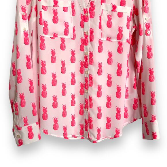 Express Portofino Shirt Pink Pineapples V Neck Roll Tab Sleeve Shirt Womens S - Picture 4 of 8